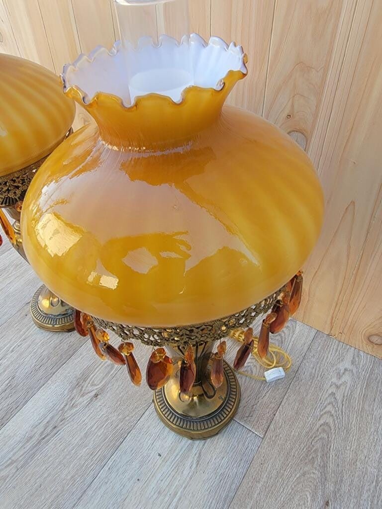 Vintage French Boudoir Style Electric Amber Glass Shade Oil Lamps - Pair - 5