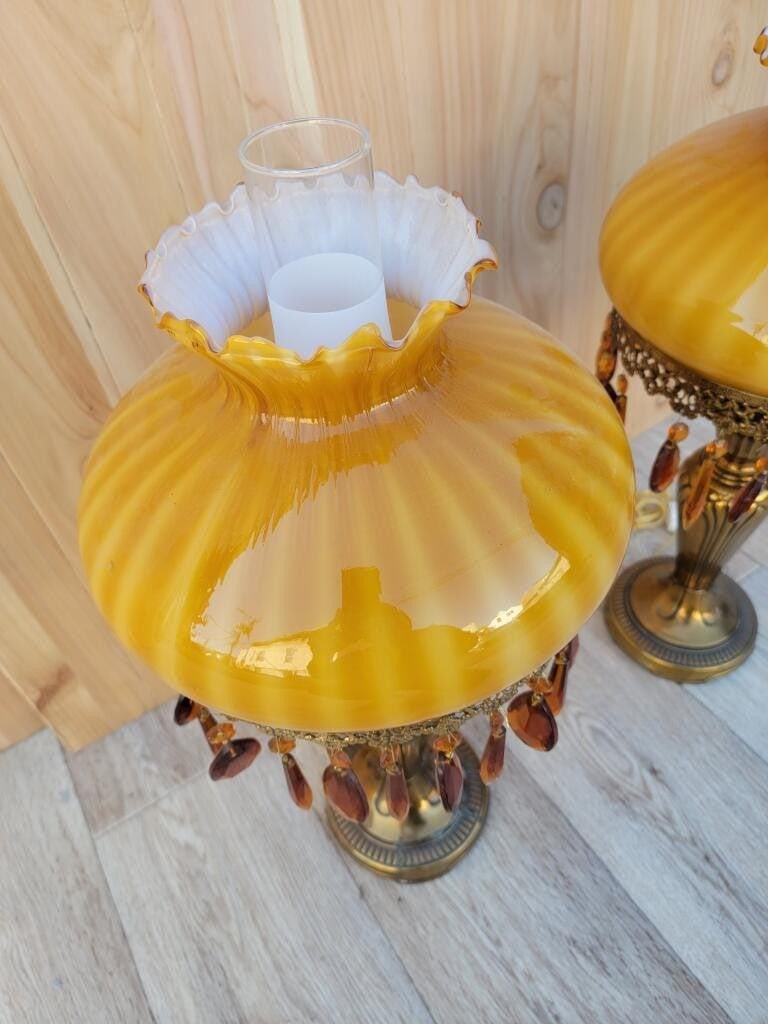 Vintage French Boudoir Style Electric Amber Glass Shade Oil Lamps - Pair - 6