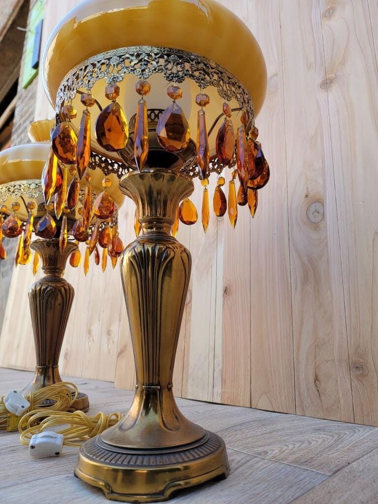 Vintage French Boudoir Style Electric Amber Glass Shade Oil Lamps - Pair - 7