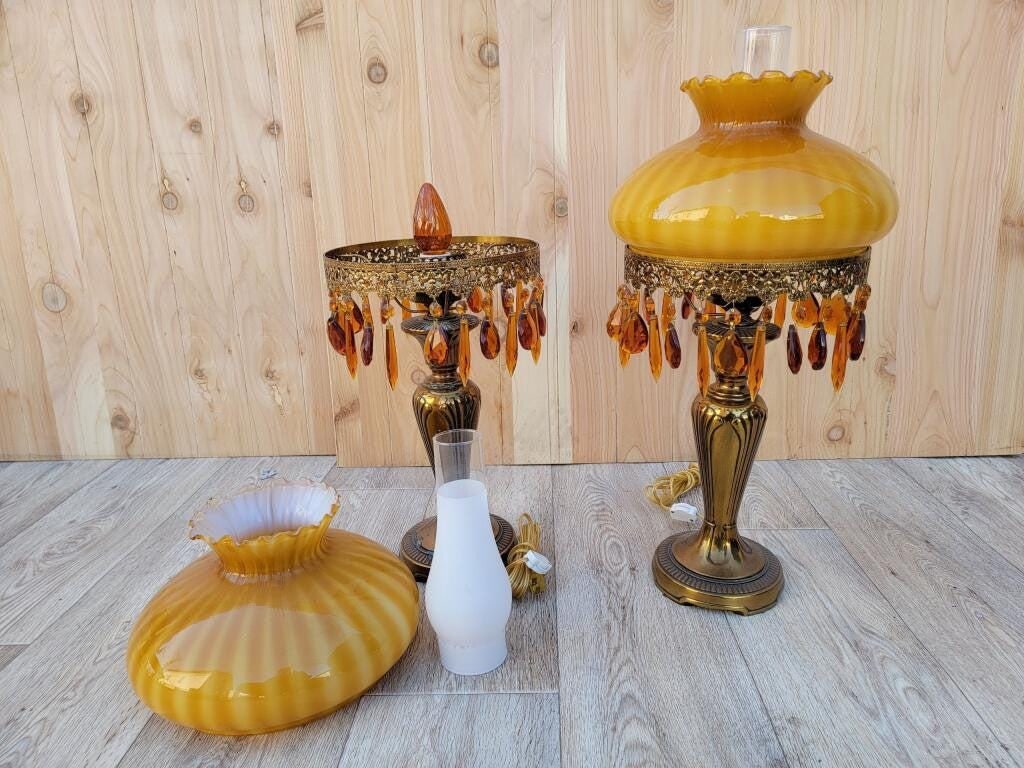 Vintage French Boudoir Style Electric Amber Glass Shade Oil Lamps - Pair - 9