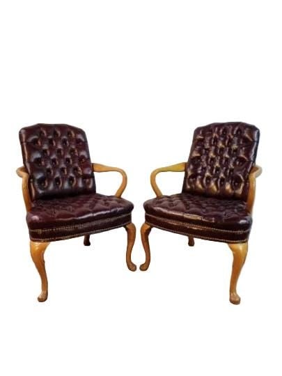 Vintage Traditional Georgian Style Tufted Burgundy Naugahyde Chairs - Pair (1 of 5)