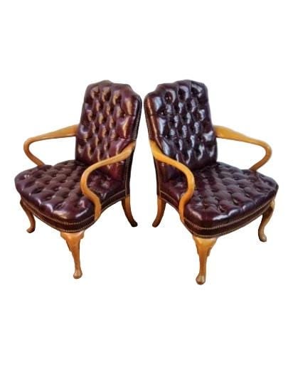 Vintage Traditional Georgian Style Tufted Burgundy Naugahyde Chairs - Pair - 2