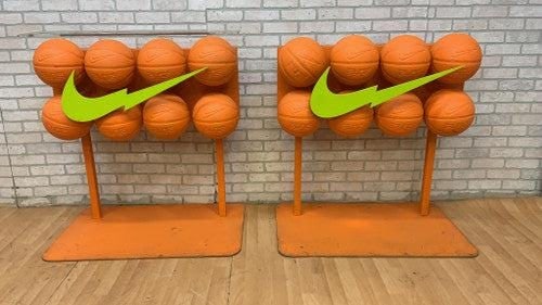 Vintage Nike Basketball Display Shelf Table - Set of 2: Title: Vintage Nike Basketball Display Shelf Table - Set of 2 Description: Vintage Nike Basketball Display Shelf - Set of 2 Vintage, hip orange and yellow pair of Nike basketball displays. Each