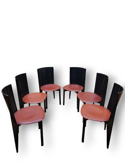 Vintage Postmodern Italian Ebonized Bentwood & Leather Dining Chairs by Calligaris - Set of 6: Title: Vintage Postmodern Italian Ebonized Bentwood & Leather Dining Chairs by Calligaris - Set of 6 Description: Vintage Postmodern Italian Ebonized Bentwood & Leather Dining Chairs by Calligaris -