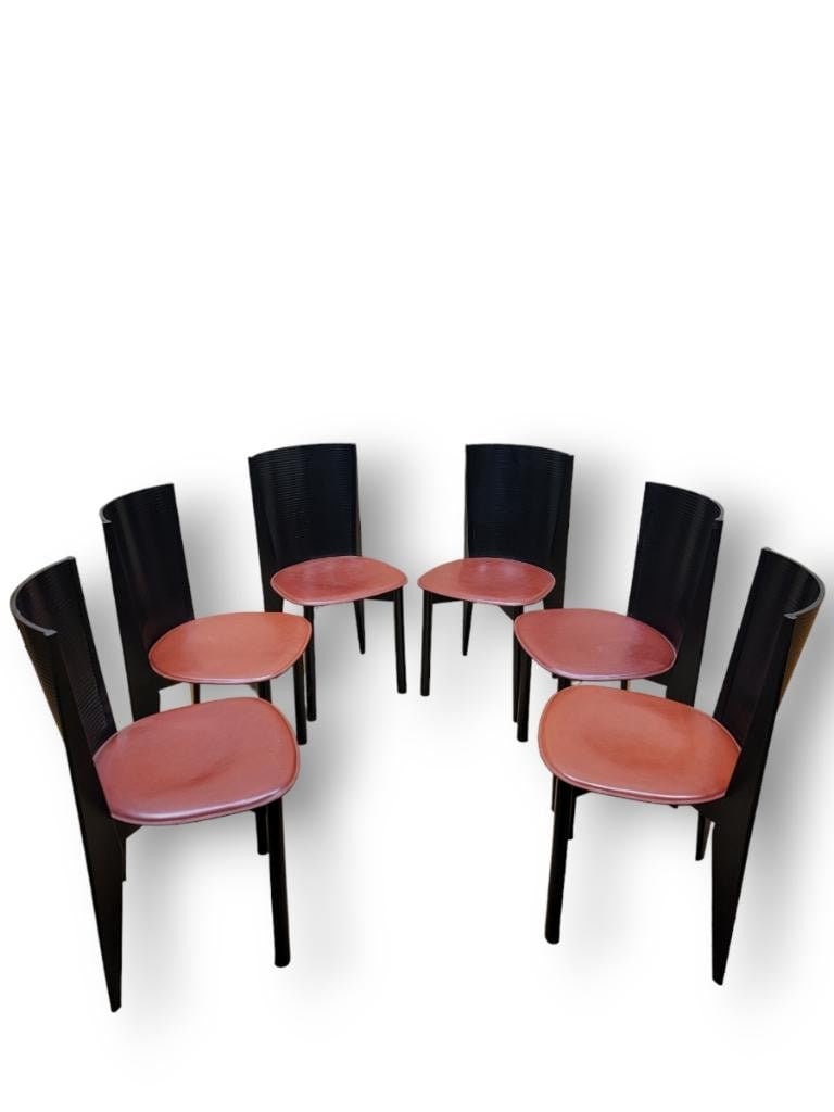 Vintage Postmodern Italian Ebonized Bentwood & Leather Dining Chairs by Calligaris - Set of 6 - 2