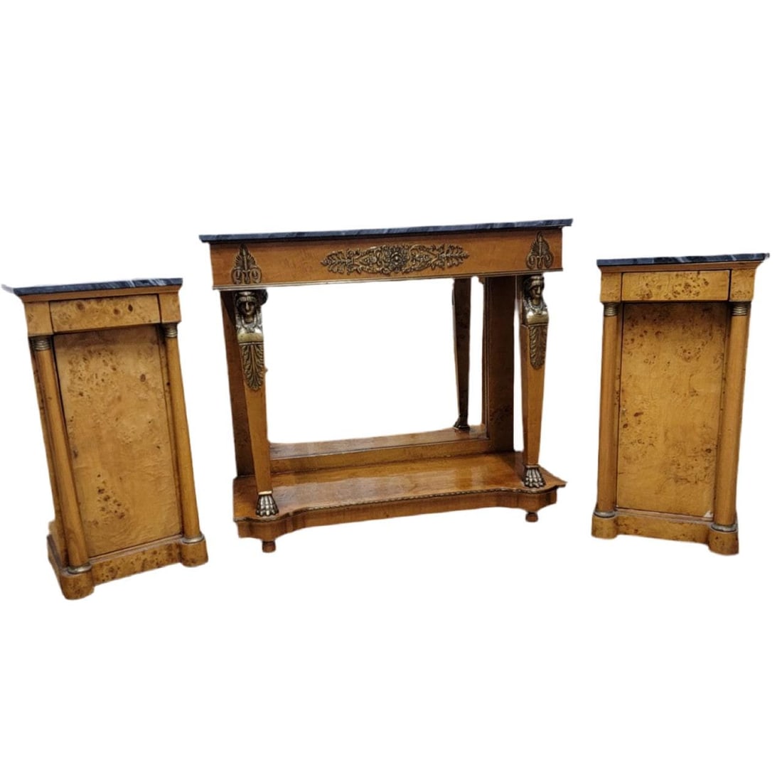 Antique Biedermeier Mirror Back Pier Console Table with 2 Marble Top Side Chests: Title: Antique Biedermeier Mirror Back Pier Console Table with 2 Marble Top Side Chests Description: Antique Biedermeier Mirror Back Pier Console Table with 2 Marble Top Side Chests - 3 Piece Set