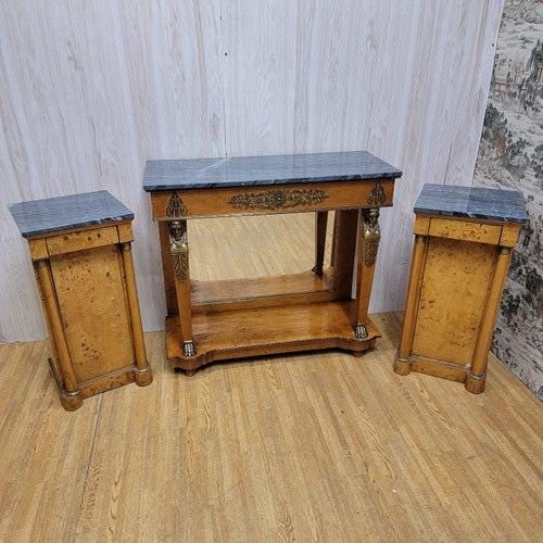 Antique Biedermeier Mirror Back Pier Console Table with 2 Marble Top Side Chests - 2