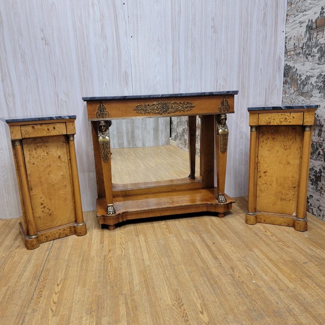 Antique Biedermeier Mirror Back Pier Console Table with 2 Marble Top Side Chests - 3