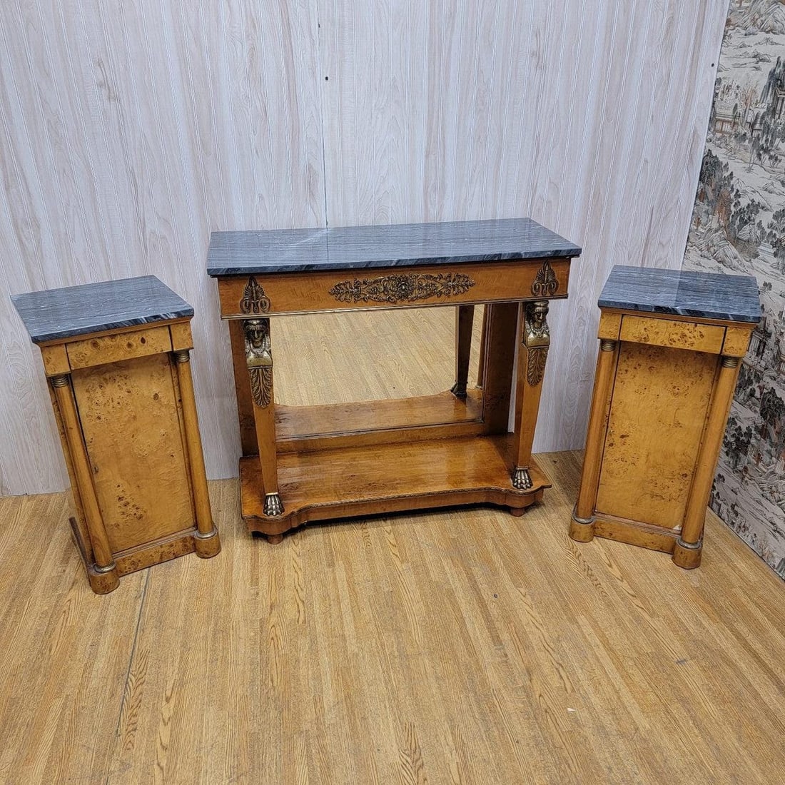 Antique Biedermeier Mirror Back Pier Console Table with 2 Marble Top Side Chests - 8