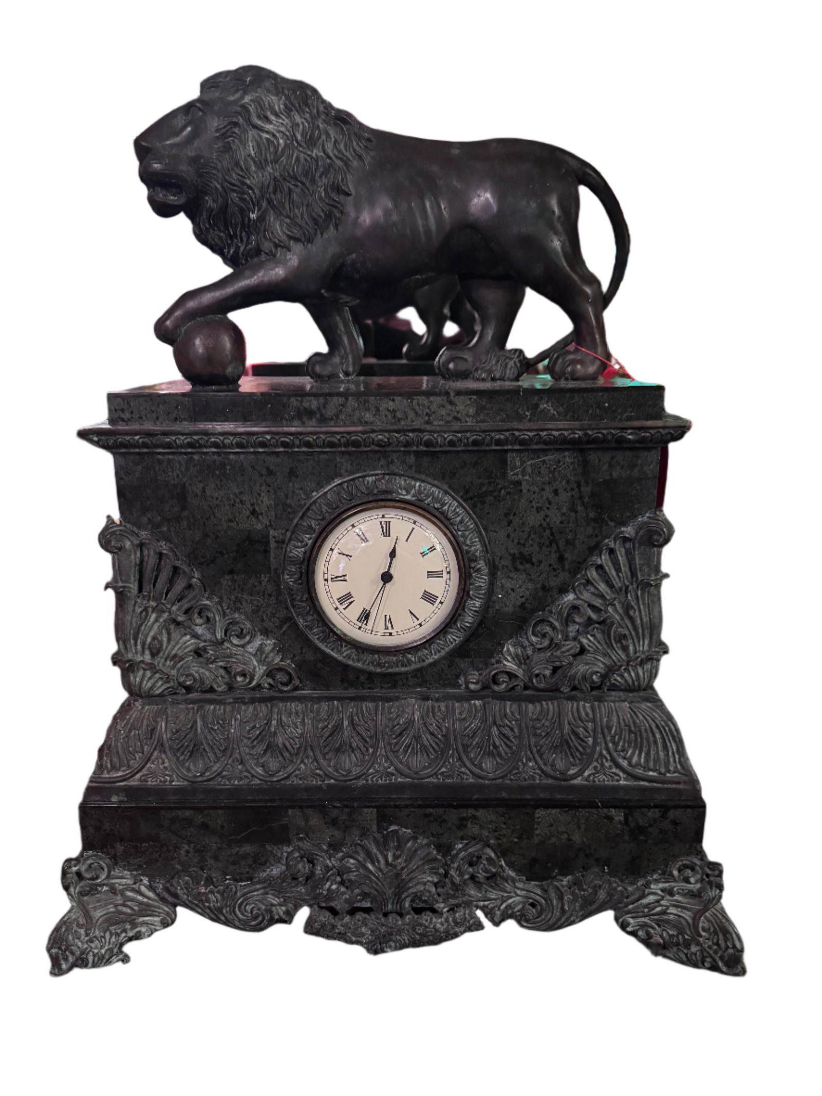 Antique French Marble Bronze Lion Mounted Mantel Clock: Title: Antique French Marble Bronze Lion Mounted Mantel Clock Description: Antique French Marble Bronze Lion Mounted Mantel Clock Gorgeous, large, French, heavy marble with solid bronze lion mounted