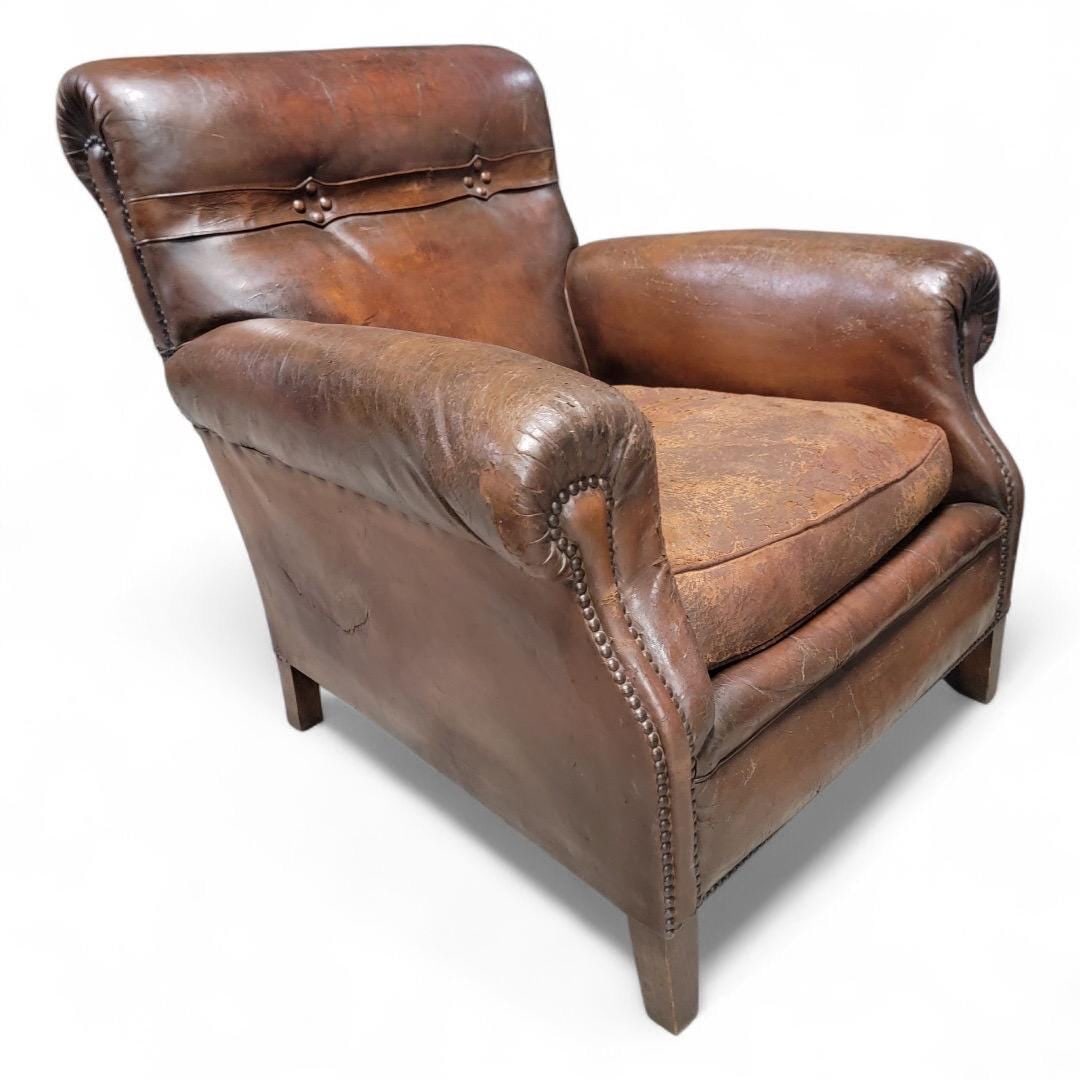 French Art Deco Distressed Brown Leather Club Chair (1 of 7)