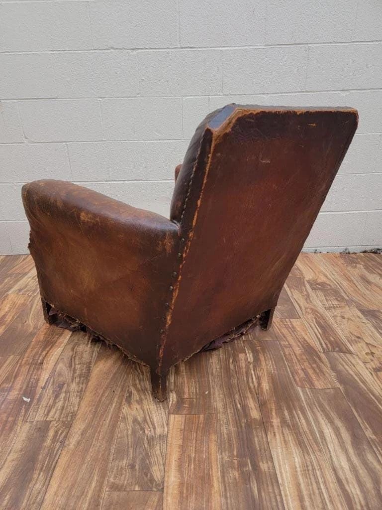 French Art Deco Distressed Leather Lounge Chair - 5