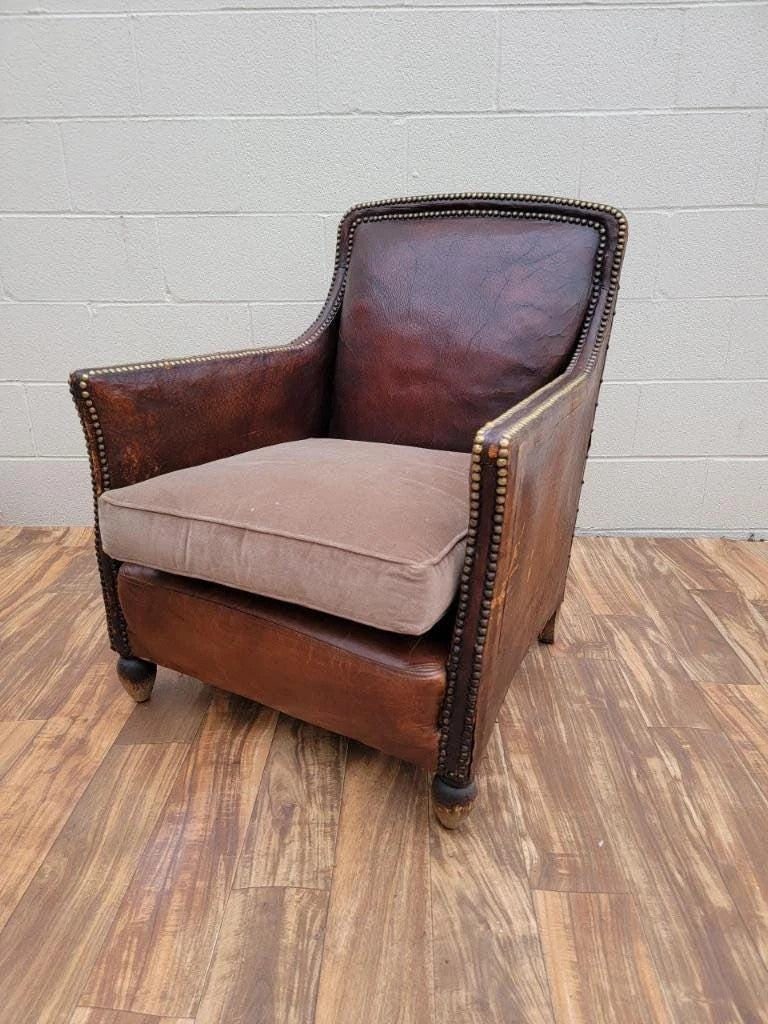 French Art Deco Distressed Leather Lounge Chair - 7