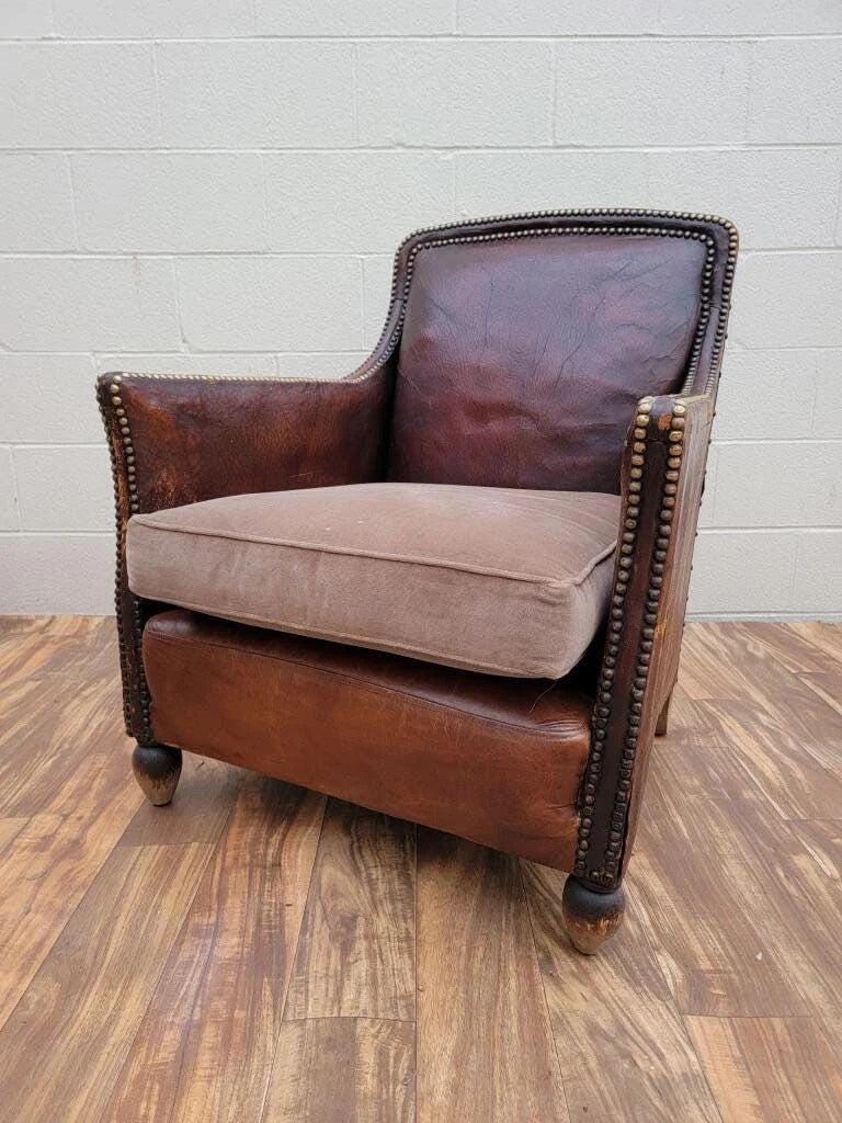 French Art Deco Distressed Leather Lounge Chair - 8
