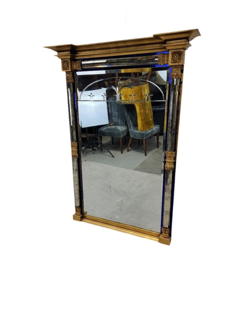 Vintage Empire Federal Style Gilt Wall Mirror with Beveled Glass and Cobalt Blue Trim (1 of 5)