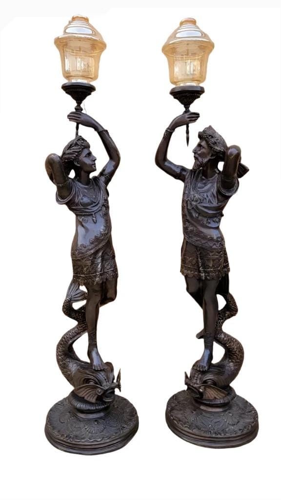 Antique Bronze Patinated Male & Female Electrified Floor Lamps - Set of 2 (1 of 10)