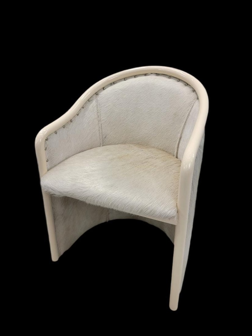 Vintage Italian Cream Lacquer Barrel Back Occasional Chair by Tonon Newly Reupholstered in Cowhide (1 of 8)