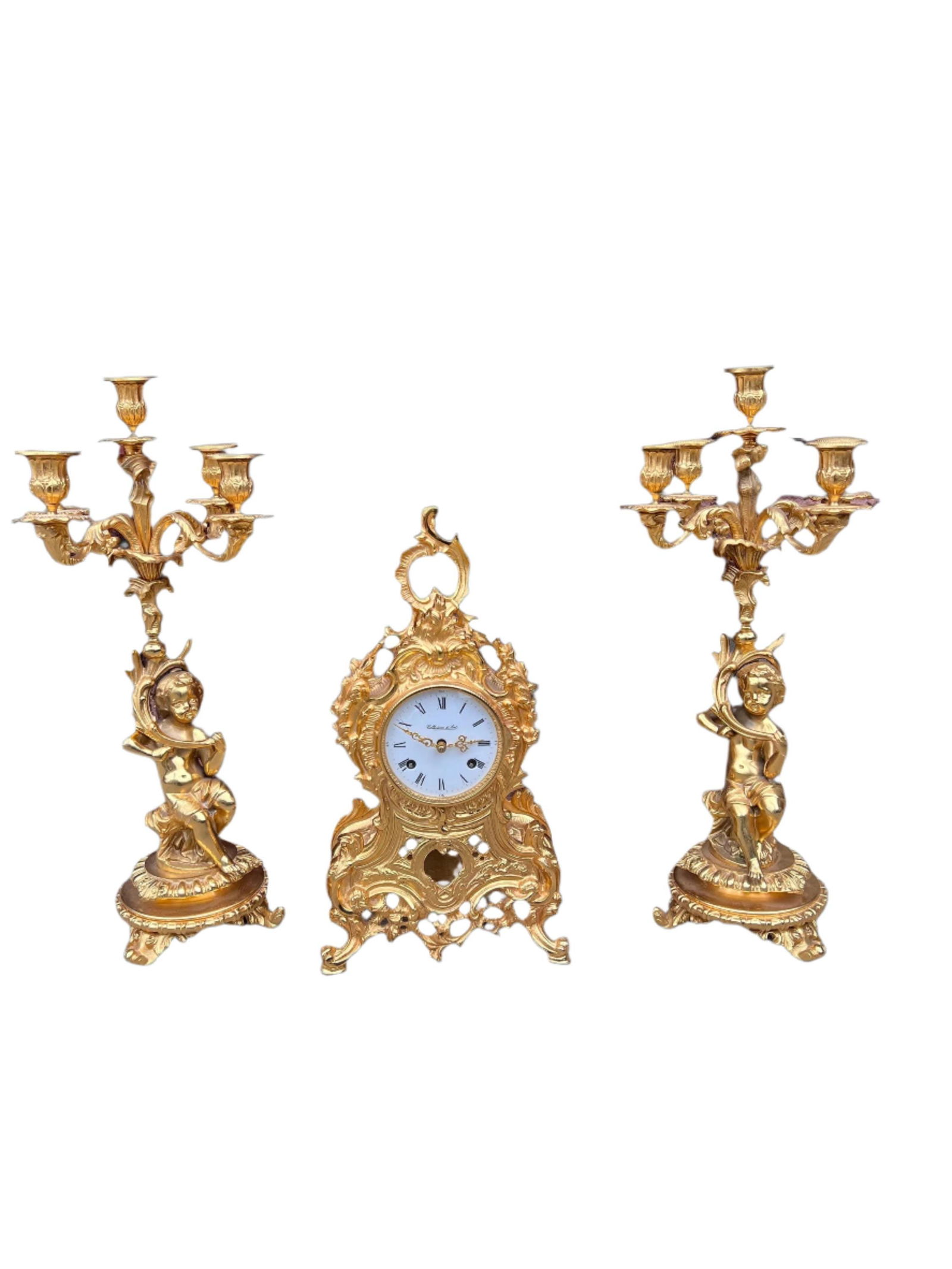 Vintage Italian Roman Style Ornate Mantel Clock with Two Figural Cherub Candelabras - Garniture Set (1 of 9)