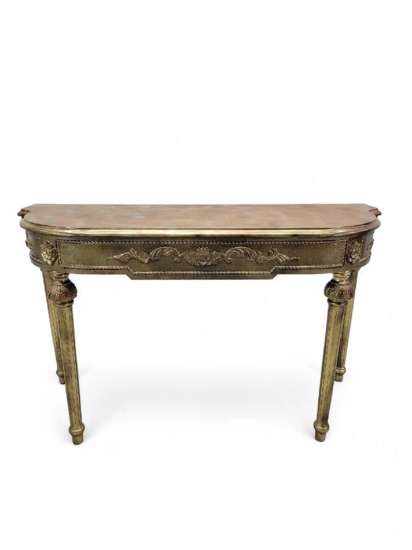 Vintage French Louis XVI Style Gold Gilt Demilune Console Table: Title: Vintage French Louis XVI Style Gold Gilt Demilune Console Table Description: Vintage French Louis XVI Style Gold Gilt Demilune Console Table This vintage gold gilt console table with a rustic p