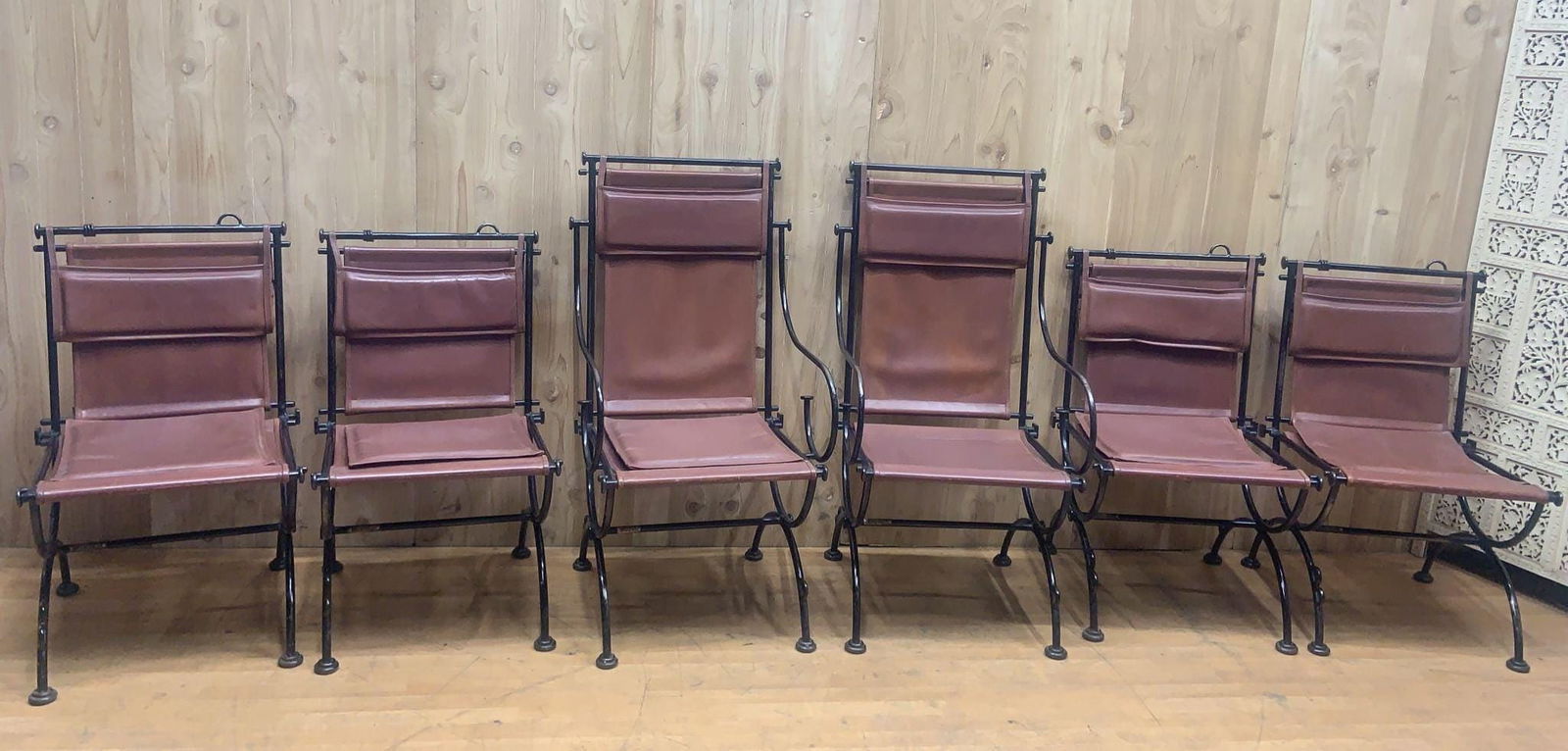 Vintage Brutalist Leather and Wrought Iron Sculpted Sling Dining Chairs by Ilana Goor - Set of 6 - 2