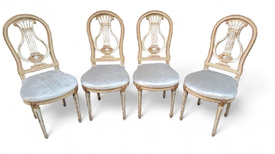 Antique French Louis XVI Style Gilded Balloon-Back Dining Chairs Newly Upholstered - Set of 4 (1 of 8)