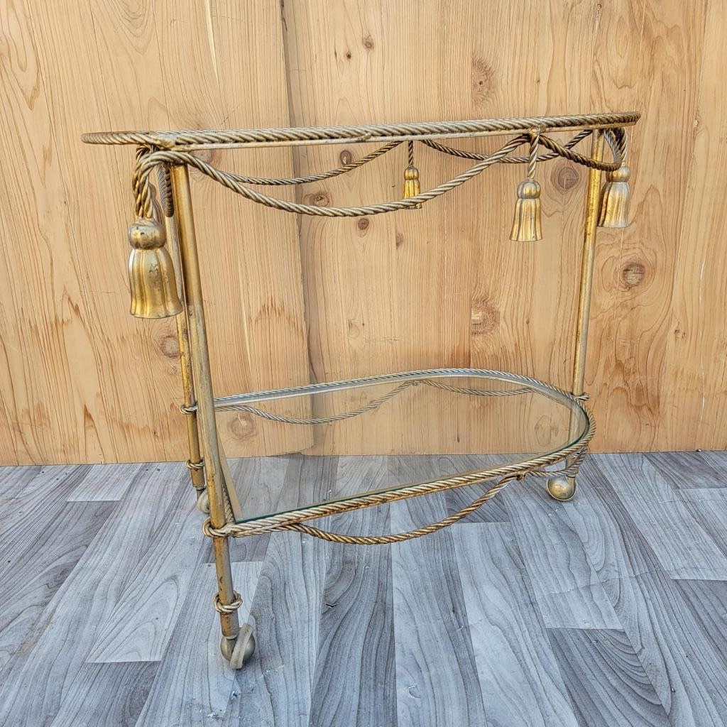Hollywood Regency Italian Gilt Rope & Tassle Drinks Trolley Bar Cart - 3