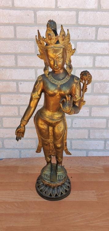 Antique Gilt Bronze Tibetan Hindu Manjurshi Deity Statue: Title: Antique Gilt Bronze Tibetan Hindu Manjurshi Deity Statue Description: Antique Gilt Bronze Tibetan 31" Hindu Manjurshi Deity Statue Manjushri is represented in this important gilt Bronze