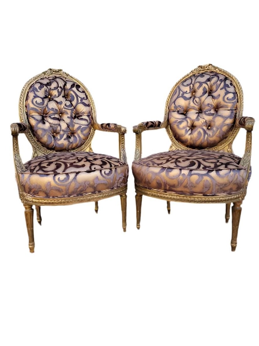 Antique French Louis XV Style Ornate Carved Giltwood Fauteuil Armchairs Newly Reupholstered - Pair: Title: Antique French Louis XV Style Ornate Carved Giltwood Fauteuil Armchairs Newly Reupholstered - Pair Description: Antique French Louis XV Style Ornate Carved Giltwood Fauteuil Armchairs Newly