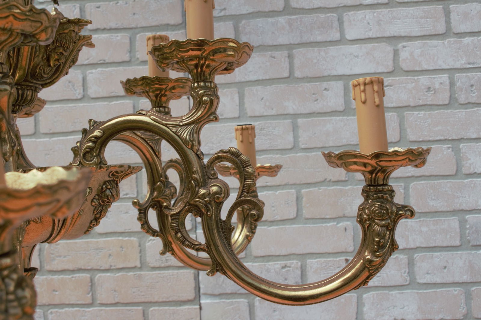 Antique Italian Baroque Figural Ormolu Brass Chandelier - Pair - 4