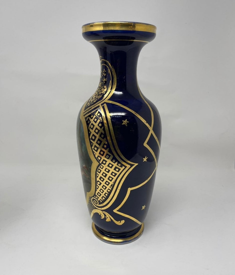 Antique French Old Paris Gilded Porcelain Vases with Hand Painted Courting Scenes - Pair - 2