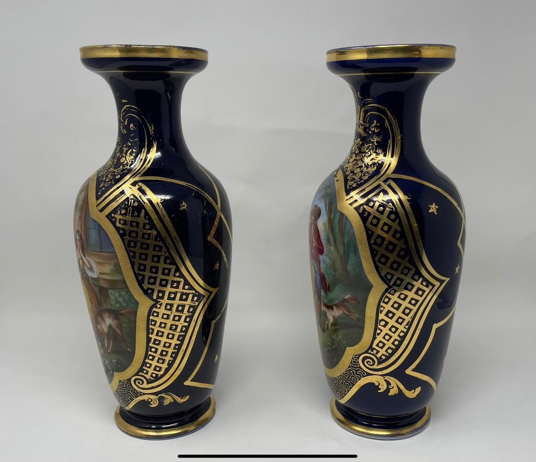Antique French Old Paris Gilded Porcelain Vases with Hand Painted Courting Scenes - Pair - 6