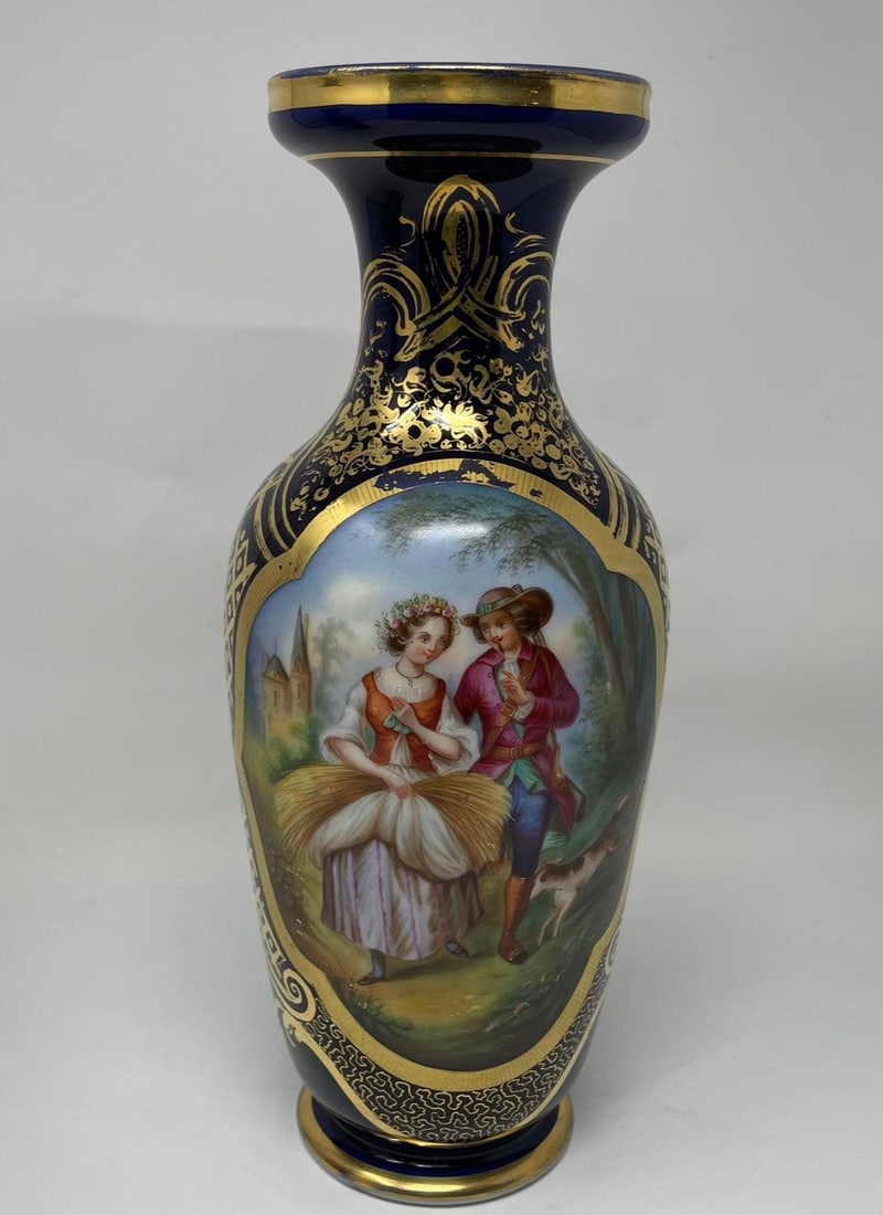 Antique French Old Paris Gilded Porcelain Vases with Hand Painted Courting Scenes - Pair - 7