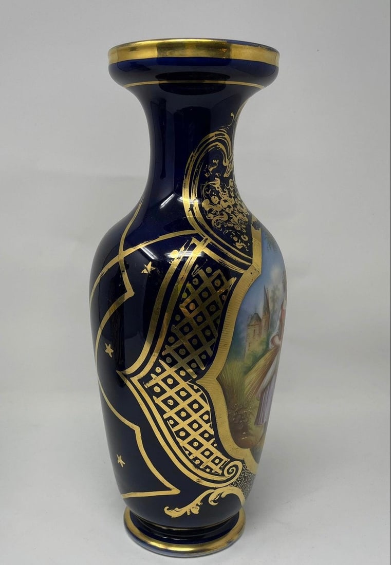 Antique French Old Paris Gilded Porcelain Vases with Hand Painted Courting Scenes - Pair - 9