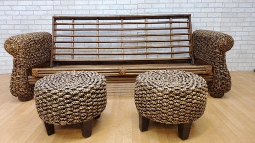 Modern Rustic Malaga Rattan Sofa Bed with 2 Rattan Ottomans: Title: Modern Rustic Malaga Rattan Sofa Bed with 2 Rattan Ottomans Description: Vintage Mid Century Malaga Rattan Sofa Bed with 2 Malaga Rattan Ottomans - Set of 3 Absolutely Stunning Malaga Rattan