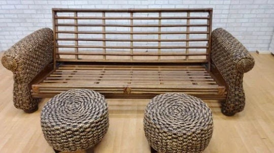 Modern Rustic Malaga Rattan Sofa Bed with 2 Rattan Ottomans - 3