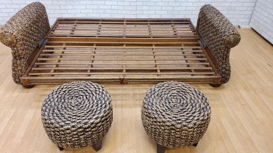 Modern Rustic Malaga Rattan Sofa Bed with 2 Rattan Ottomans - 4