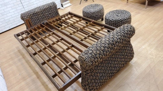 Modern Rustic Malaga Rattan Sofa Bed with 2 Rattan Ottomans - 5