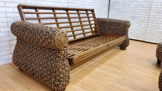 Modern Rustic Malaga Rattan Sofa Bed with 2 Rattan Ottomans - 6
