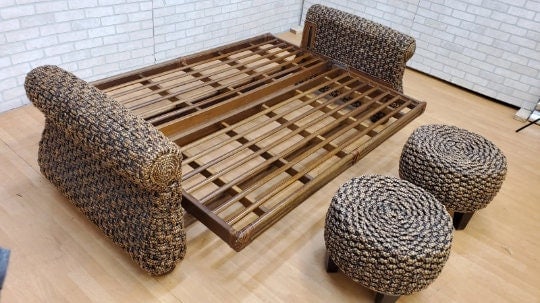 Modern Rustic Malaga Rattan Sofa Bed with 2 Rattan Ottomans - 7