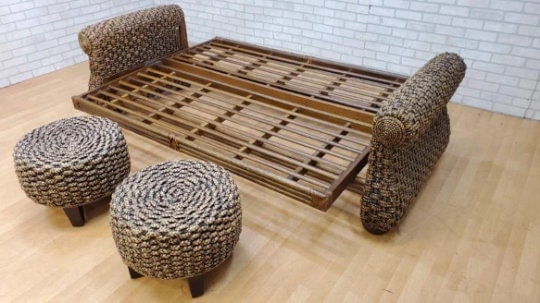 Modern Rustic Malaga Rattan Sofa Bed with 2 Rattan Ottomans - 8