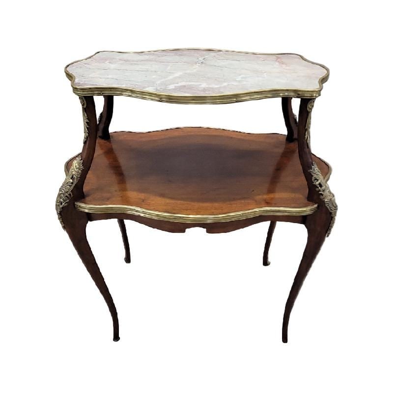 Antique French Napoleon Style Marble Top Ormolu Accent Table: Title: Antique French Napoleon Style Marble Top Ormolu Accent Table Description: Antique French Napoleon III 2 Tier Marble Top Bronze Ormolu Cabriole Legs Accent Table This elegant French Napoleon