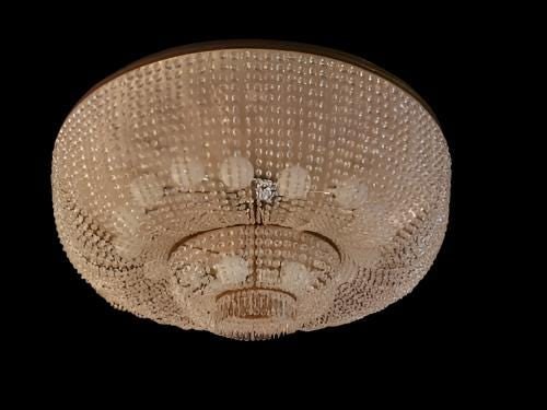 Vintage Crystal and Brass Flush Mount Ballroom Chandelier: Title: Vintage Crystal and Brass Flush Mount Ballroom Chandelier Description: Materials: Glass, metal Depth: 72 inches Height: 12 inches Width: 72 inches Vintage Crystal and Brass Flush Mount Ballroom