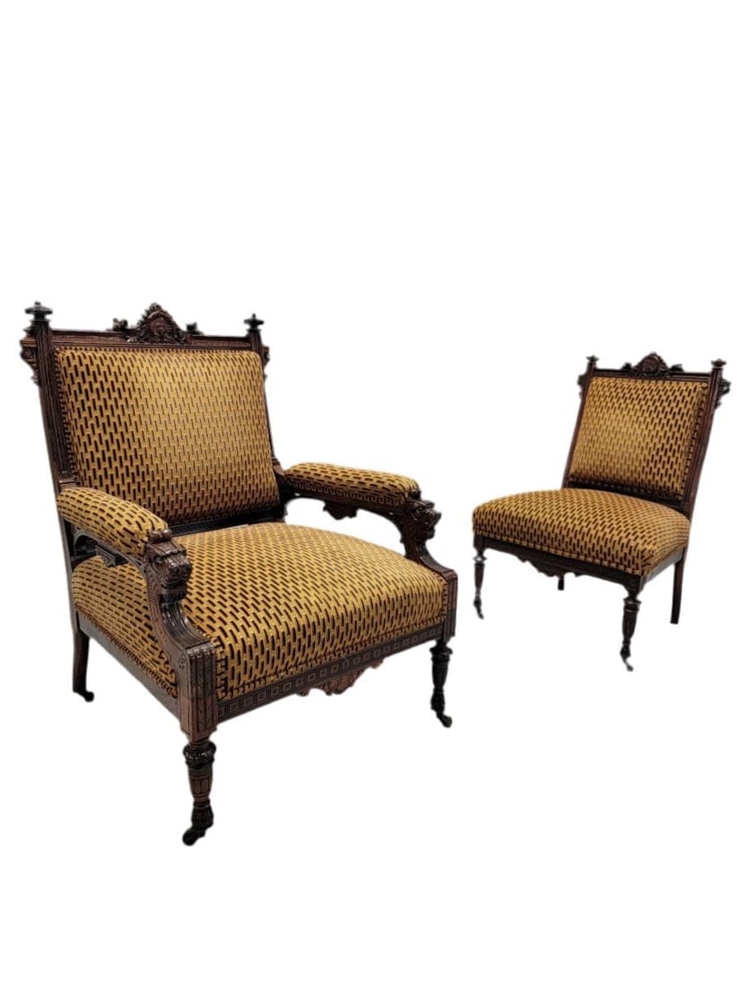 Antique Renaissance Revival Figural Carved Framed Parlor Chairs Reupholstered - Set of 2 (1 of 10)