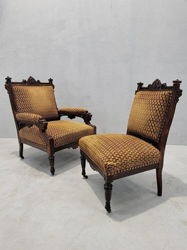 Antique Renaissance Revival Figural Carved Framed Parlor Chairs Reupholstered - Set of 2 - 3