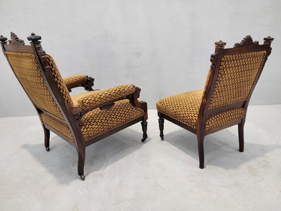 Antique Renaissance Revival Figural Carved Framed Parlor Chairs Reupholstered - Set of 2 - 8
