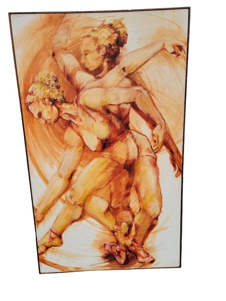 Vintage Oil Painting of Ballet Dancers: Title: Vintage Oil Painting of Ballet Dancers Description: Vintage Figural Oil Painting of Ballet Dancers - Wall Art This monochromatic oil painting captures the graceful movement of ballet dancers.