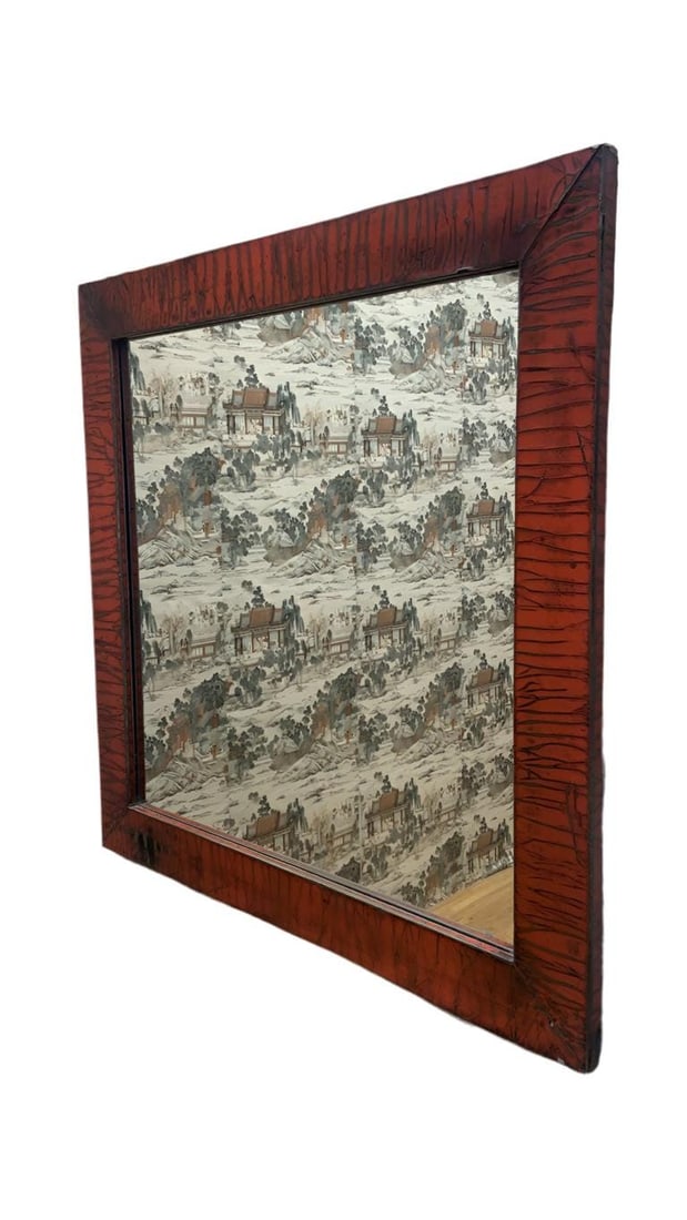 Vintage Shanxi Province Red Linen Wrapped Square Mirror: Title: Vintage Shanxi Province Red Linen Wrapped Square Mirror Description: Vintage Shanxi Province Red Linen Wrapped Square Mirror This Vintage Shanxi Province Red Linen Wrapped Square Mirror is a