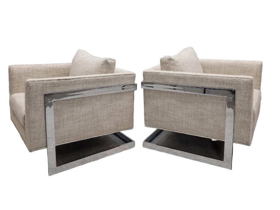Mid Century Modern Milo Baughman Chrome Flat Bar Cantilever Chairs Newly Reupholstered - Pair - 2