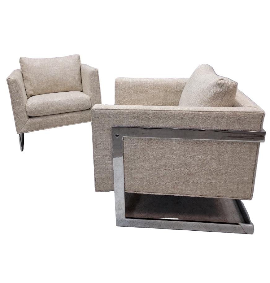 Mid Century Modern Milo Baughman Chrome Flat Bar Cantilever Chairs Newly Reupholstered - Pair - 3