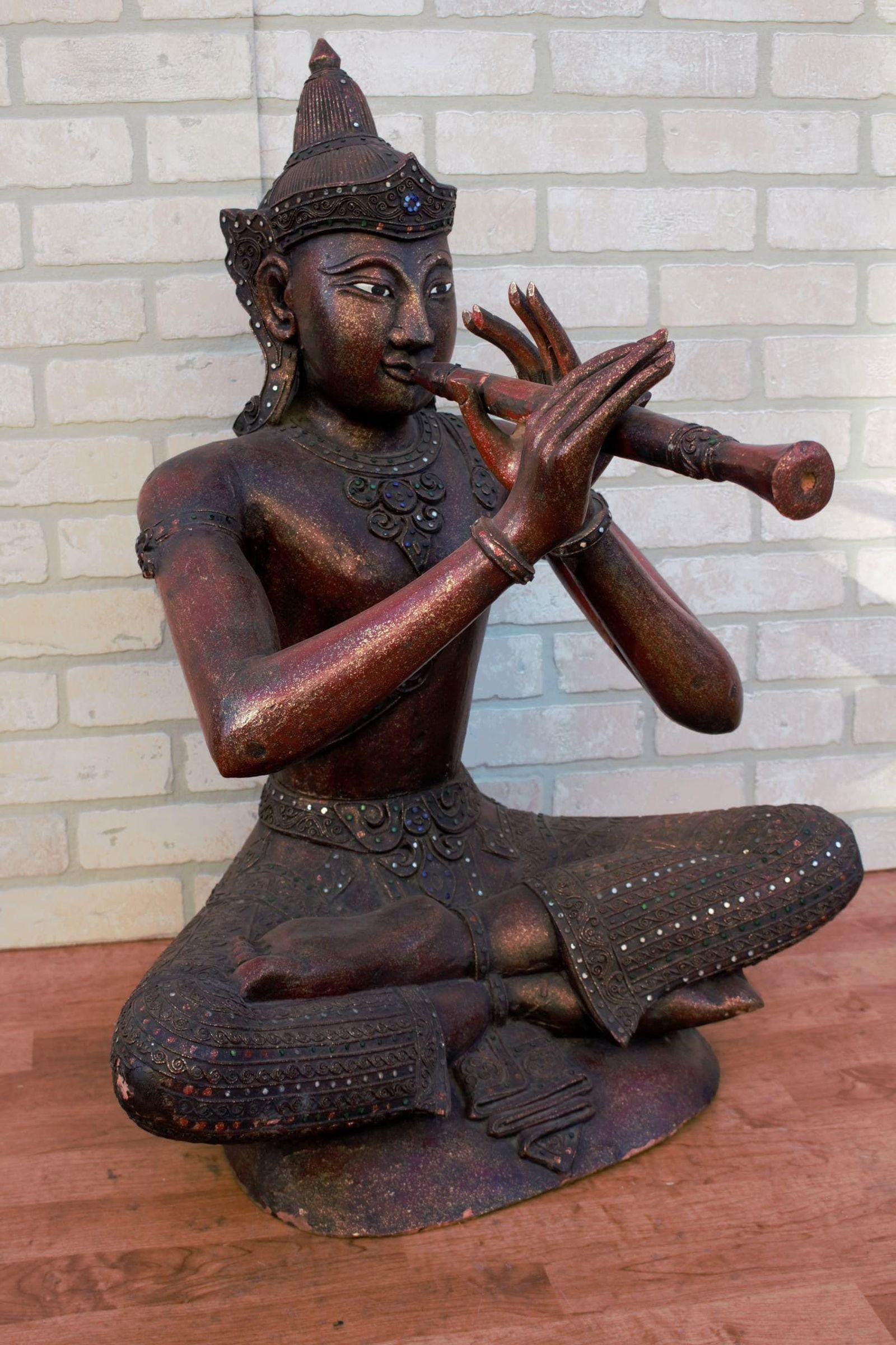 Antique Thai Carved Seated Buddha Playing a Flute - 2